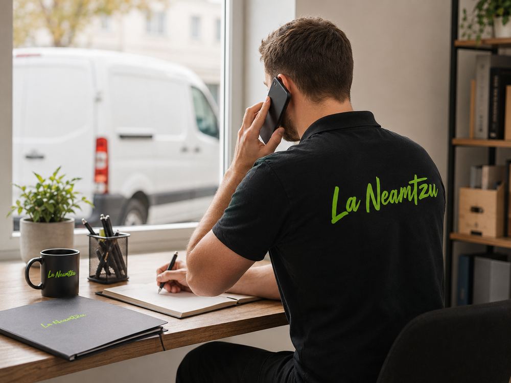 Am Schreibtisch wird eine Anfrage telefonisch aufgenommen und notiert, vor dem Fenster steht der Transporter.