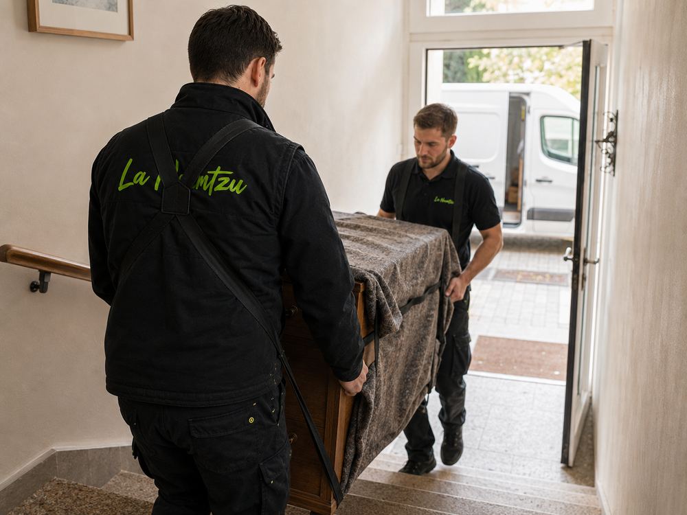 Zwei Helfer tragen eine mit Filzdecke geschützte Kommode durch das Treppenhaus zum wartenden Transporter.