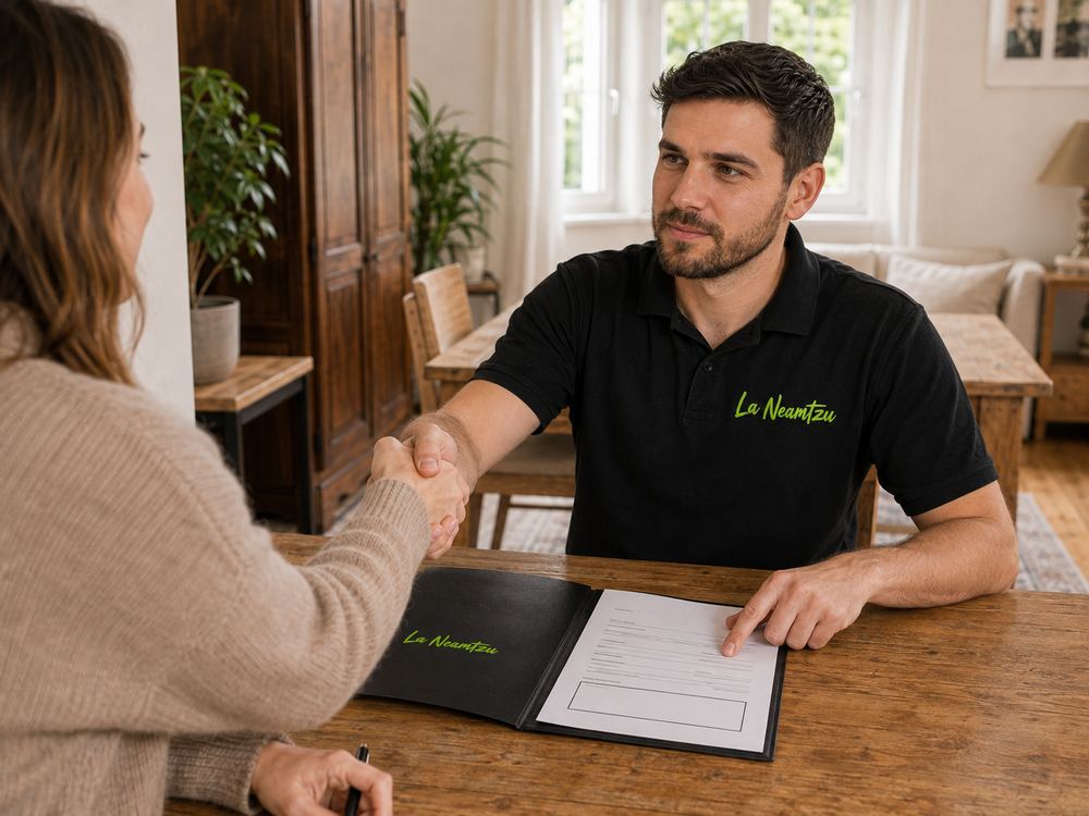 Handschlag am Tisch mit der Kundin, davor liegt das unterschriebene schriftliche Angebot in der Mappe.