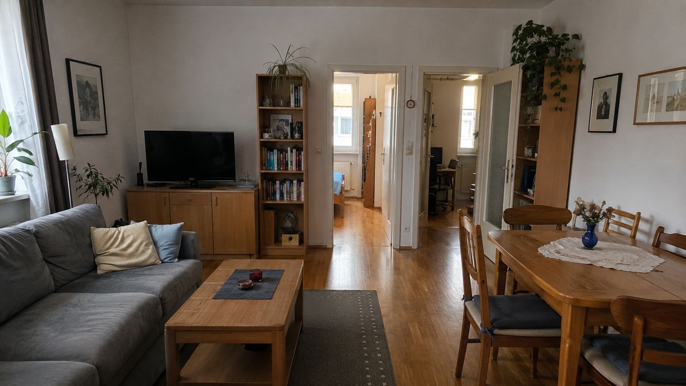 Wohnzimmer einer 3-Zimmer-Wohnung vor der Haushaltsauflösung: Sofa, Schrankwand, Esstisch und gerahmte Bilder