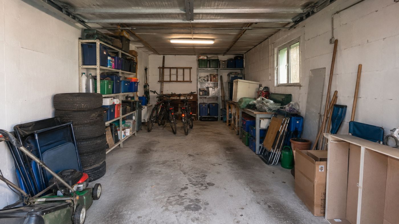 Garage vor der Entrümpelung: Regale, Reifenstapel, Fahrräder und Gartengeräte
