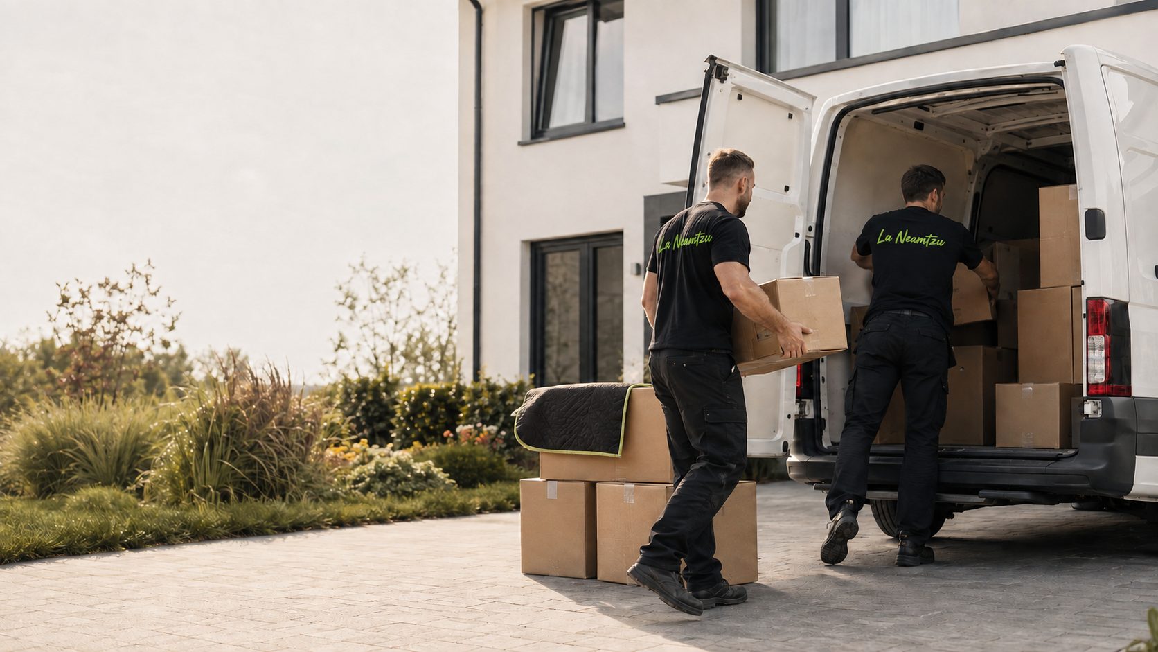 Zwei Helfer in schwarzen Shirts mit La-Neamtzu-Schriftzug beladen einen weißen Transporter mit Umzugskartons vor einem Wohnhaus