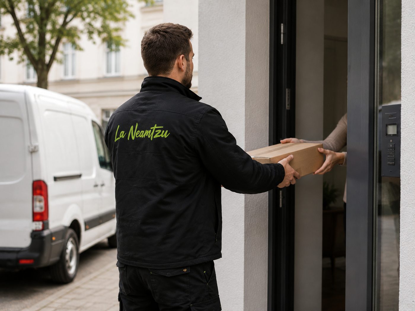 Ein Paket wird an der Haustür übergeben, der Transporter steht am Straßenrand