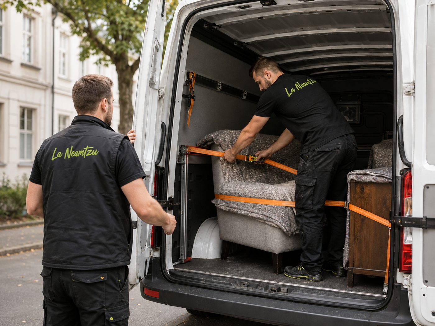 Ein Sessel wird mit Spanngurten im Laderaum des Transporters gesichert