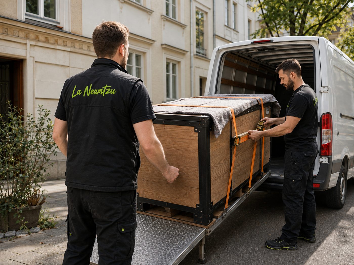 Zwei Helfer verzurren eine große Holztransportkiste auf der Hebebühne des Transporters