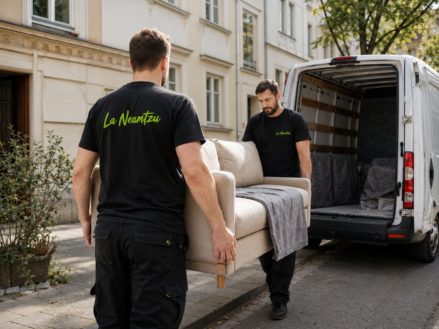 Zwei Helfer tragen ein Sofa in den geöffneten Transporter