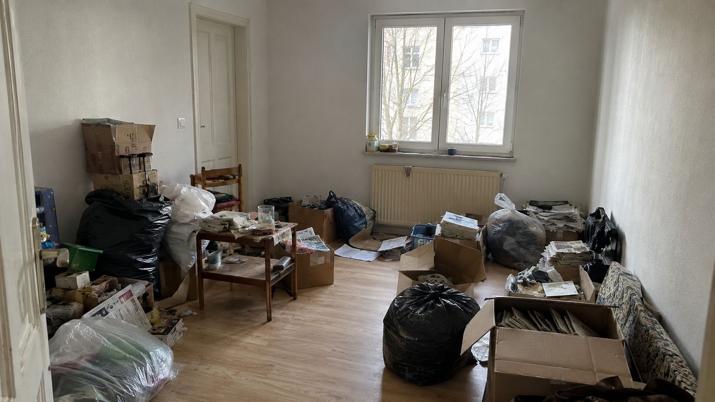 Wohnzimmer vor der Haushaltsauflösung: Kartons, Säcke und Zeitungsstapel füllen den Raum